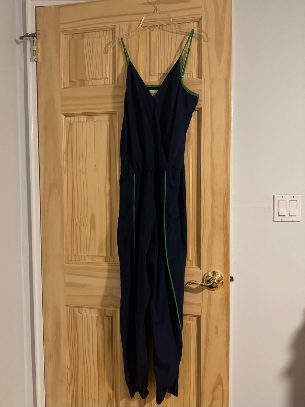 Navy V-Neck Jumpsuit with Green Trim